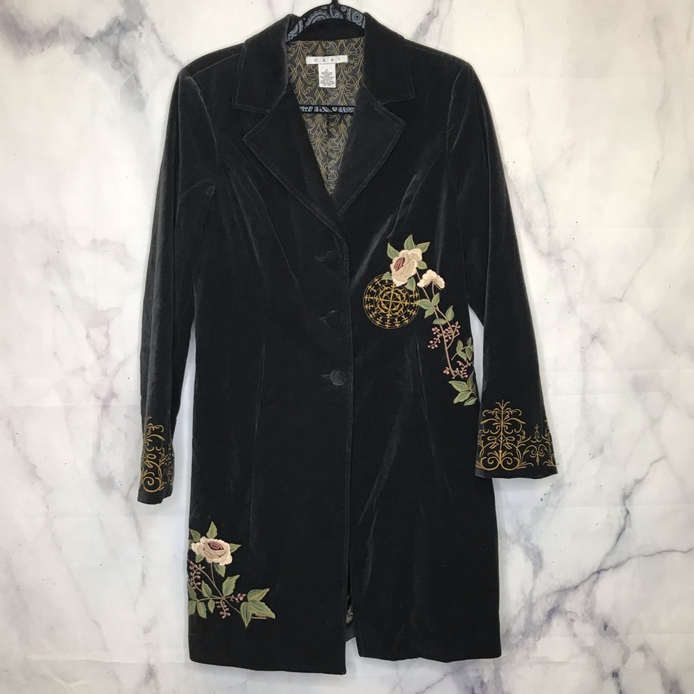 CAbi Black Velvet Embroidered Mandala Coat Size 8